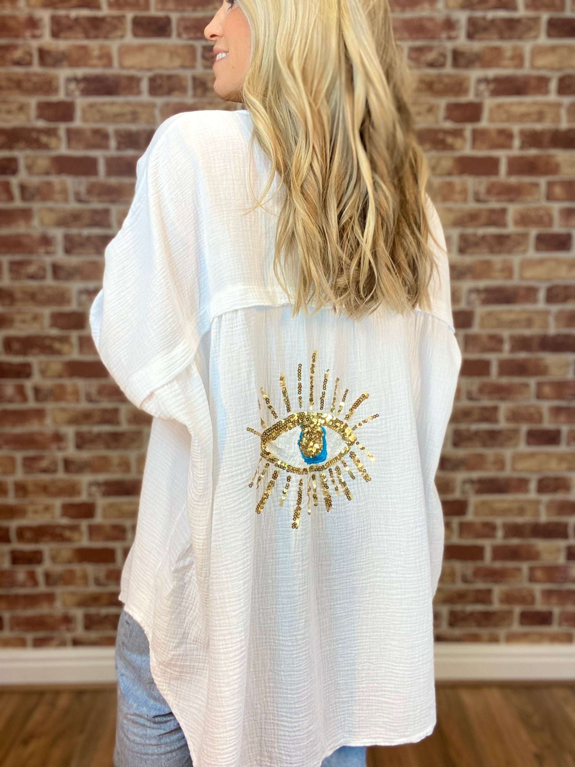 Evil Eye Casual Sequin Beaded Shirt